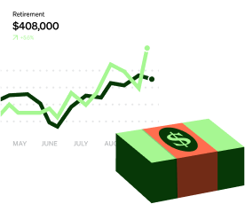 An illustration of a stack of currency in front of a multi-line graph depicting a retirement plan with a balance of "$408,000."